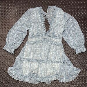 Blue and White Ruffled Tiered Sundress with Bishop Sleeves